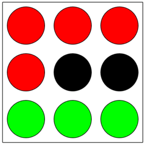 nine balls: four red, three green, two black